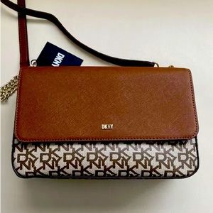 DKNY Sina Designer Chain Leather Monogram Womens Bag Brown/tan